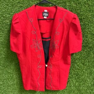 Whirlaway Frocks Red Blazer Short Sleeve Flower Applique Vintage Size 18